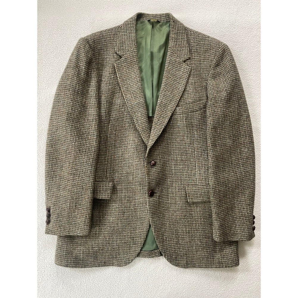70s USA Vintage Harris Tweed Men Medium Blazer Brown Wool Houndstooth Sport Coat